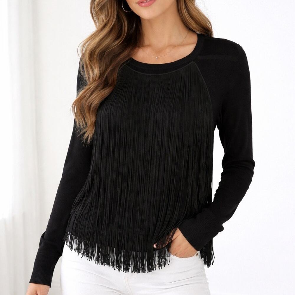 Marciano Black Fringe Sweater Lightweight Long Sleeve Top Size Medium